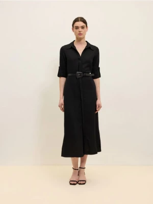 Reserved - Sukienka midi z wiskozy z paskiem - czarny