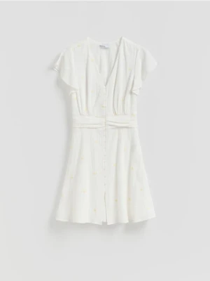Reserved - Sukienka mini w kwiaty - złamana biel