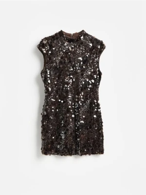 Reserved - Sukienka mini z cekinami - ciemnobrązowy