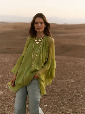 Reserved - Sukienka mini z falbanami - oliwkowy