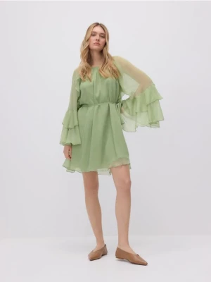 Reserved - Sukienka mini z falbanami - oliwkowy