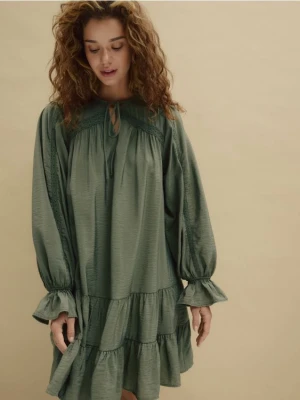 Reserved - Sukienka mini z falbanką - ciemnozielony