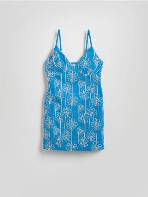 Reserved - Sukienka mini z haftem - niebieski