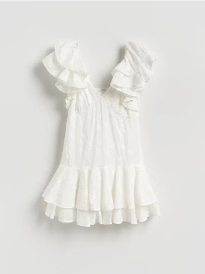 Reserved - Sukienka mini z haftem - złamana biel