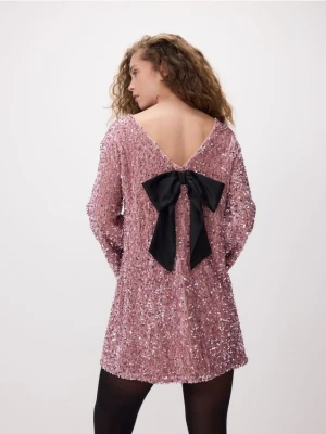 Reserved - Sukienka mini z kokardą - pastelowy róż