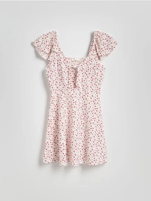 Reserved - Sukienka mini z wiązaniem - złamana biel