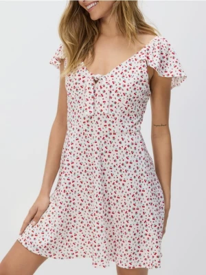 Reserved - Sukienka mini z wiązaniem - złamana biel