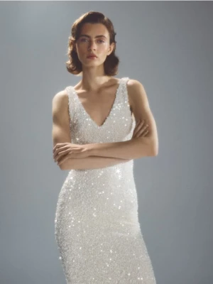 Reserved - Sukienka z cekinami - kremowy