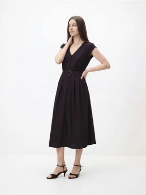 Reserved - Sukienka z dodatkiem lnu - ciemnobrązowy