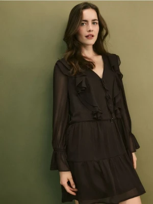 Reserved - Sukienka z falbanami - ciemnobrązowy