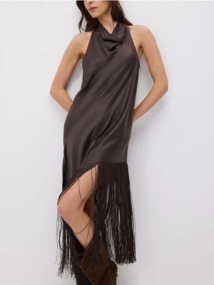 Reserved - Sukienka z frędzlami - ciemnobrązowy
