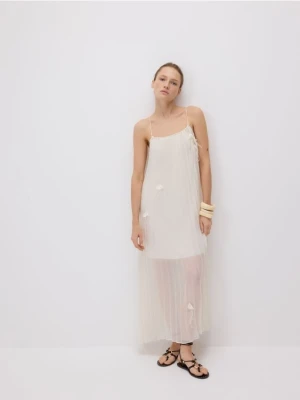 Reserved - Sukienka z kwiatową aplikacją - złamana biel