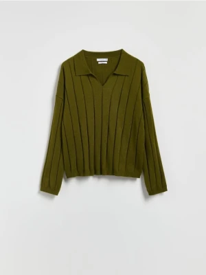 Reserved - Sweter polo z wełną - oliwkowy