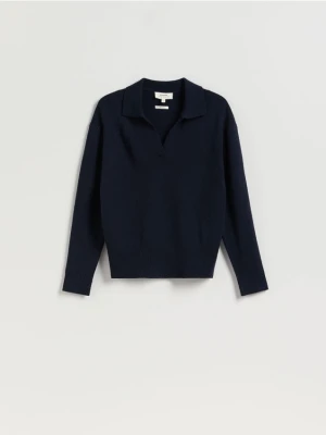 Reserved - Sweter polo z wełny merino - granatowy