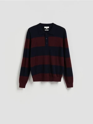Reserved - Sweter polo z wełny merino - granatowy