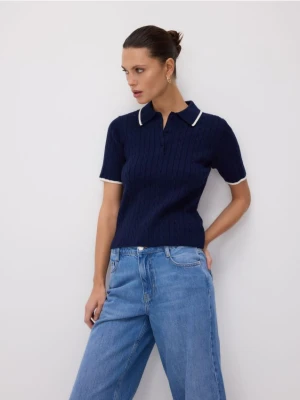 Reserved - Sweter polo z wiskozą - granatowy