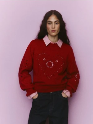 Reserved - Sweter z ażurowym motywem - czerwony