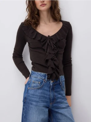 Reserved - Sweter z falbanką - ciemnobrązowy