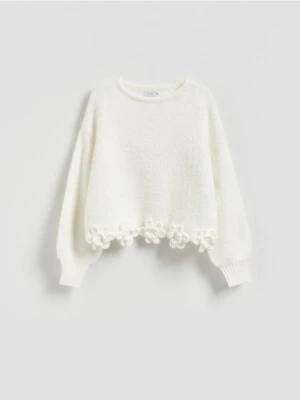 Reserved - Sweter z kwiatową aplikacją - złamana biel