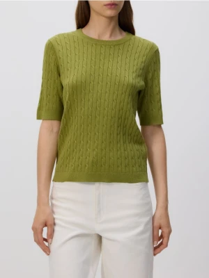 Reserved - Sweter z ozdobnym splotem - oliwkowy