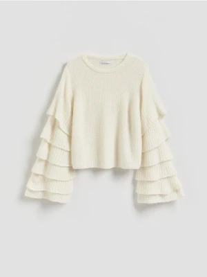 Reserved - Sweter z ozdobnymi rękawami - kremowy