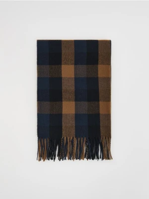 Reserved - Szalik w kratę z frędzlami - granatowy