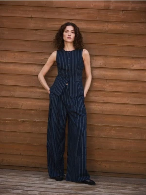 Reserved - Szerokie spodnie z lnem - granatowy