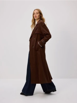 Reserved - Sztruksowy trencz z paskiem - ciemnobrązowy