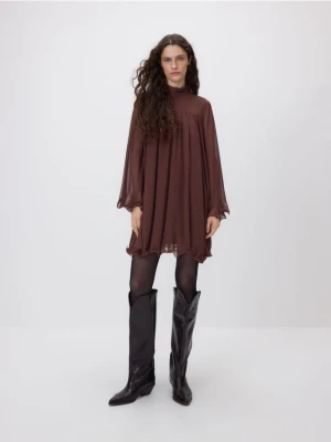 Reserved - Szyfonowa sukienka mini - ciemnobrązowy