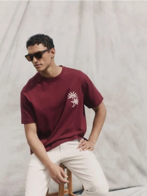 Reserved - T-shirt boxy z haftem - ciemnofioletowy