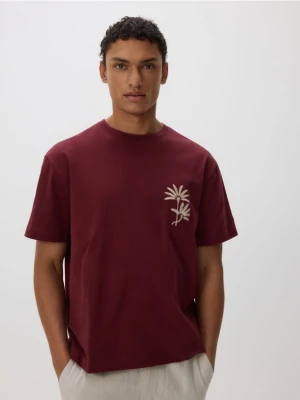 Reserved - T-shirt boxy z haftem - ciemnofioletowy