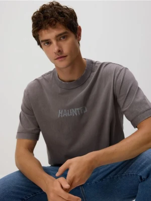 Reserved - T-shirt boxy z nadrukiem - ciemnoszary