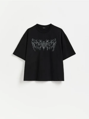 Reserved - T-shirt boxy z nadrukiem - ciemnoszary