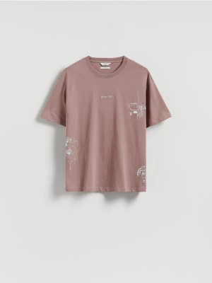Reserved - T-shirt boxy z nadrukiem - różowy