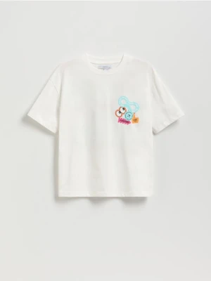 Reserved - T-shirt oversize z nadrukiem - złamana biel