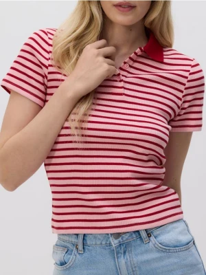 Reserved - T-shirt polo w paski - pastelowy róż