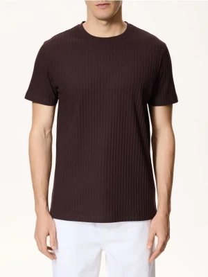 Reserved - T-shirt regular w prążek - ciemnobrązowy