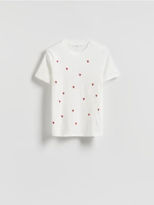 Reserved - T-shirt regular z drobnym haftem - biały