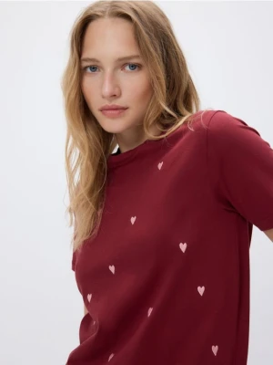 Reserved - T-shirt regular z drobnym haftem - bordowy