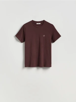 Reserved - T-shirt regular z drobnym haftem - ciemnobrązowy