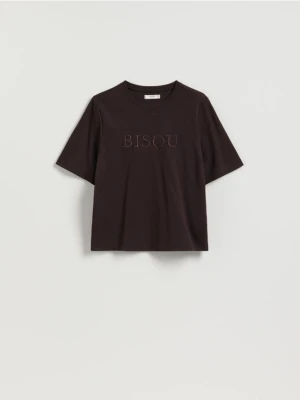 Reserved - T-shirt regular z haftem - ciemnobrązowy