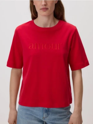 Reserved - T-shirt regular z haftem - czerwony