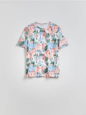 Reserved - T-shirt regular z nadrukiem allover - złamana biel