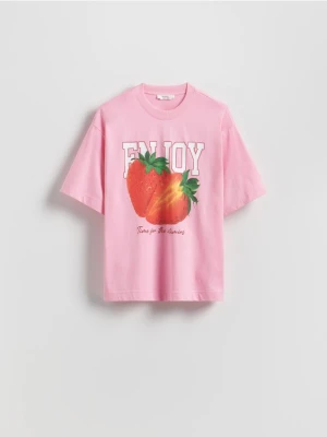 Reserved - T-shirt regular z nadrukiem - różowy