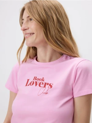 Reserved - T-shirt regular z nadrukiem - różowy