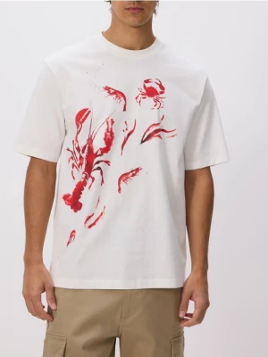 Reserved - T-shirt relaxed fit z nadrukiem - złamana biel