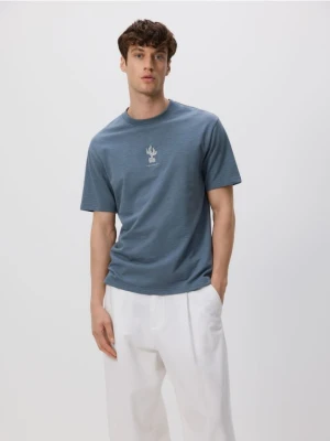 Reserved - T-shirt relaxed z haftem - morski
