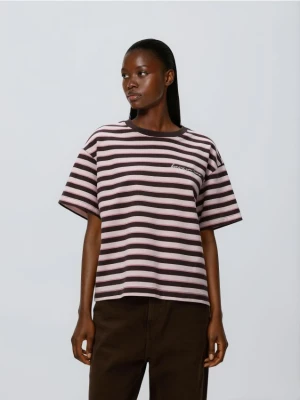 Reserved - T-shirt w paski z nadrukiem - pastelowy róż