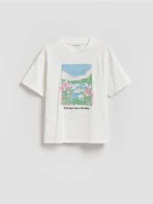 Reserved - T-shirt z aplikacją - złamana biel