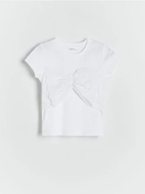 Reserved - T-shirt z ażurową wstawką - biały